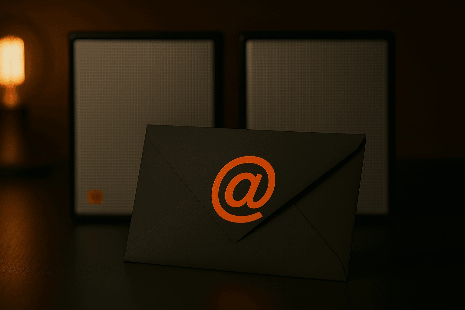 Schwarzer Briefumschlag mit orangefarbenem E-Mail-Zeichen, im Hintergrund zwei silberne Lautsprecherboxen – Kontaktseite von Dario Weilandt, freier Journalist